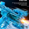 A close-up of a blue mechanical deformation structure, a high-powered electric water gun, firing a stream of water.