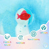 A red fish toy is visible within a bubble bath of blue foam, suggesting an ocean adventure product.