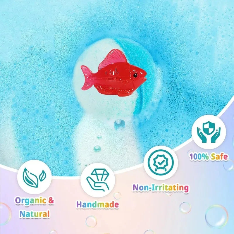 A red fish toy is visible within a bubble bath of blue foam, suggesting an ocean adventure product.