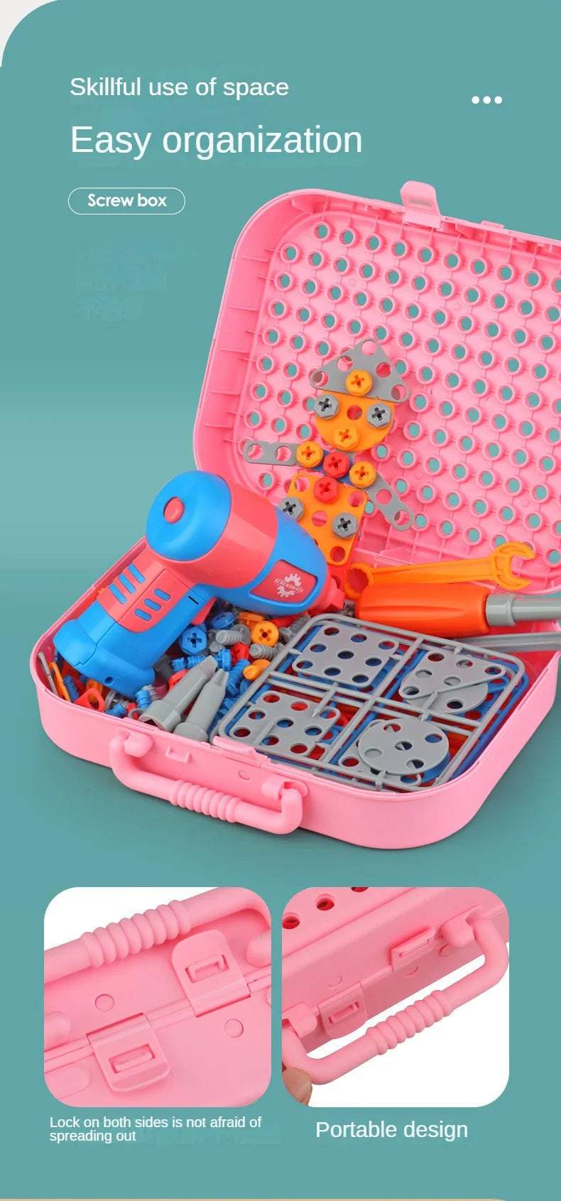 Pink tool box with a screwdriver and various repair tools for kids