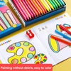A set of 36 washable triangular crayons in various colors is displayed next to a notebook showing painting instructions.