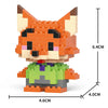 An orange fox figurine made of micro building blocks, shown with dimensions.