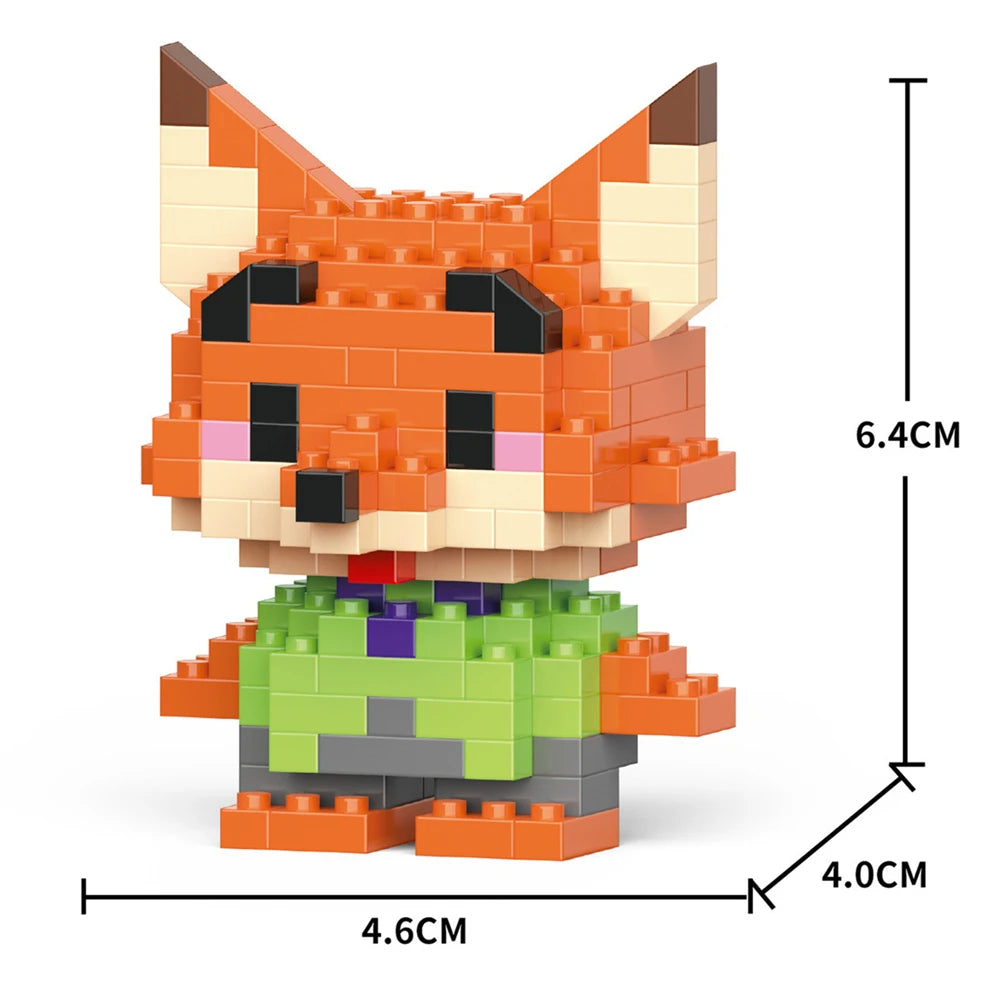 An orange fox figurine made of micro building blocks, shown with dimensions.