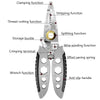 A pair of silver wire stripping pliers showing various functions like clamping, cutting, and wire winding.