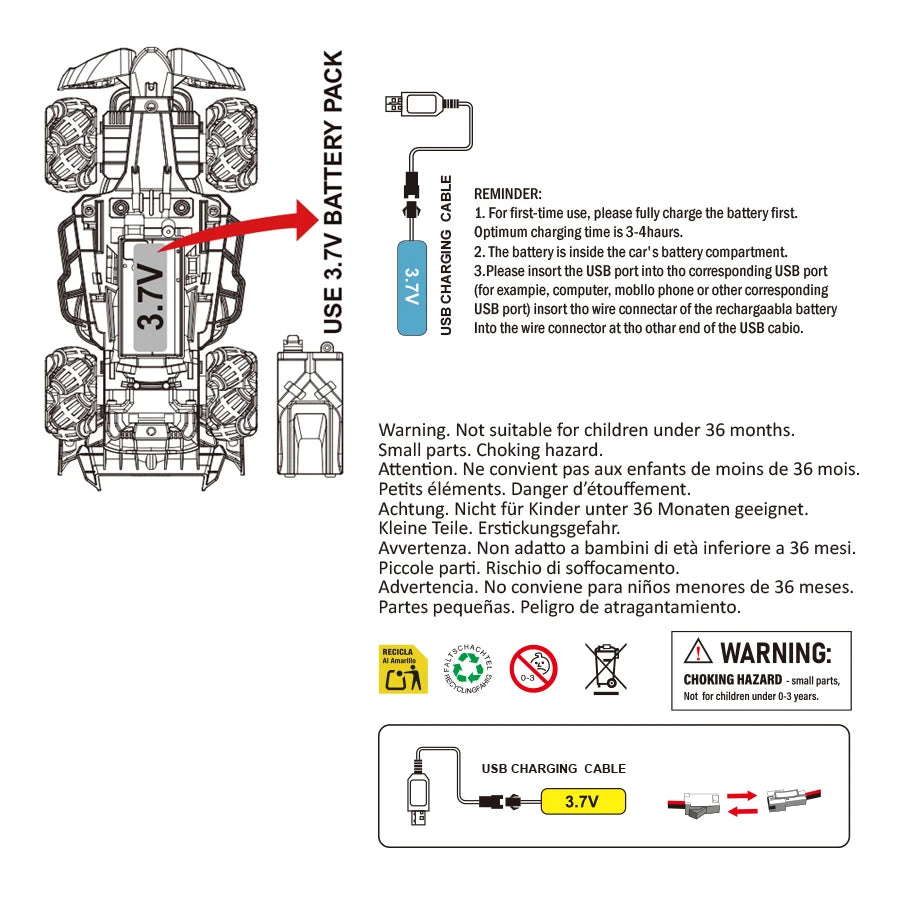 Batteripakke på 3.7V og USB-ladekabel til en fjernstyrt 4WD-stuntbil.