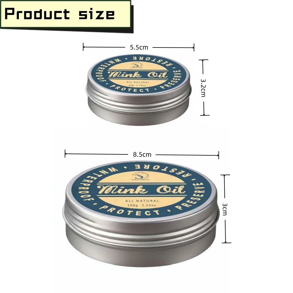 A cylindrical tin of Mink Oil, a natural leather conditioner balm for seats and interior.