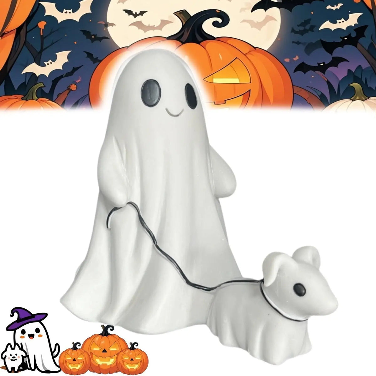 Figurine de fantôme blanc avec une laisse, à côté d'une petite statue de chien blanc, sur fond d'Halloween.