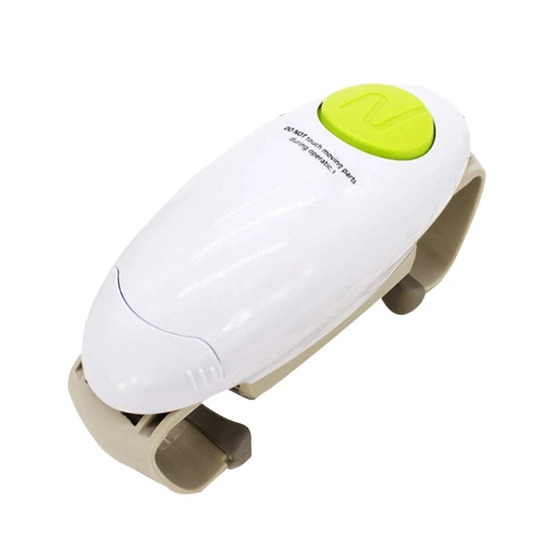 A white automatic electric can and jar opener with a yellow button, shown from the side.