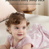 A baby is shown wearing a pink sleeveless sleep sack on a light background.