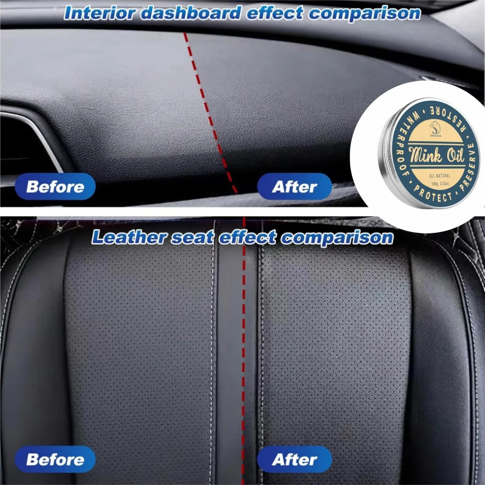 Comparison showing the effect of a clear leather conditioner balm on interior dashboard and leather seats before and after ap