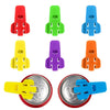 A set of five compact manual can openers in red, green, blue, yellow, and orange.