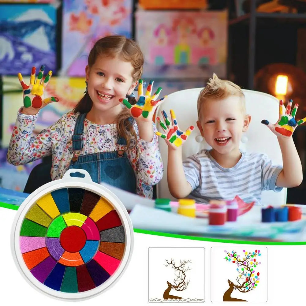 A children's finger painting kit featuring colorful paint and an educational activity book with nature designs.