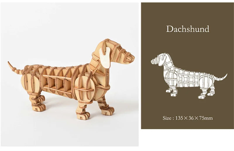 Kit de rompecabezas de madera para armar una figura de perro salchicha.