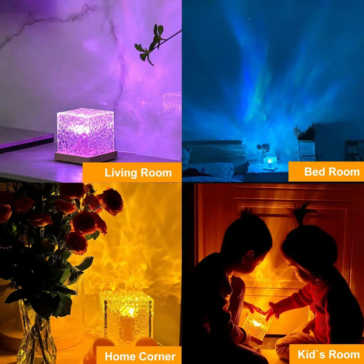 En samling lysdisplay med en lilla auroraprojektor, en blå auroraskjerm og en varm oransje ildlyseffekt