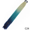 A long, pre-braided hair extension featuring a gradient color transition from dark blue to light cream, attached to an elasti