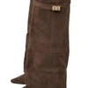 A pair of brown suede knee-high boots with a chunky heel and a metal buckle.