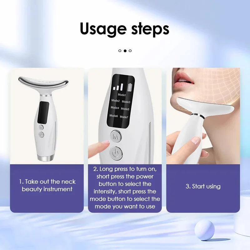 Usage steps for an LED light therapy neck and face massager device.