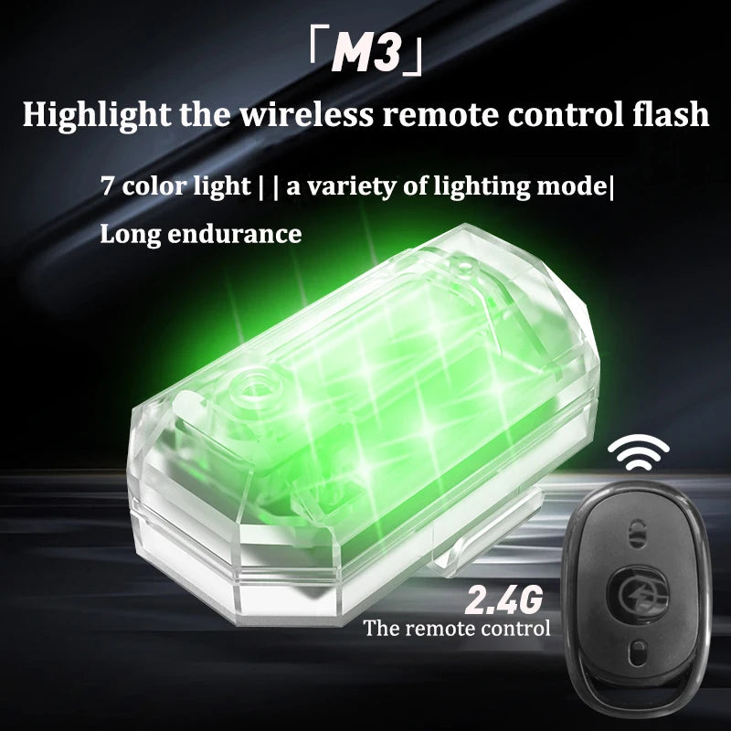 A clear plastic wireless remote control flash light with a black remote, highlighting features like 7 color light and long en