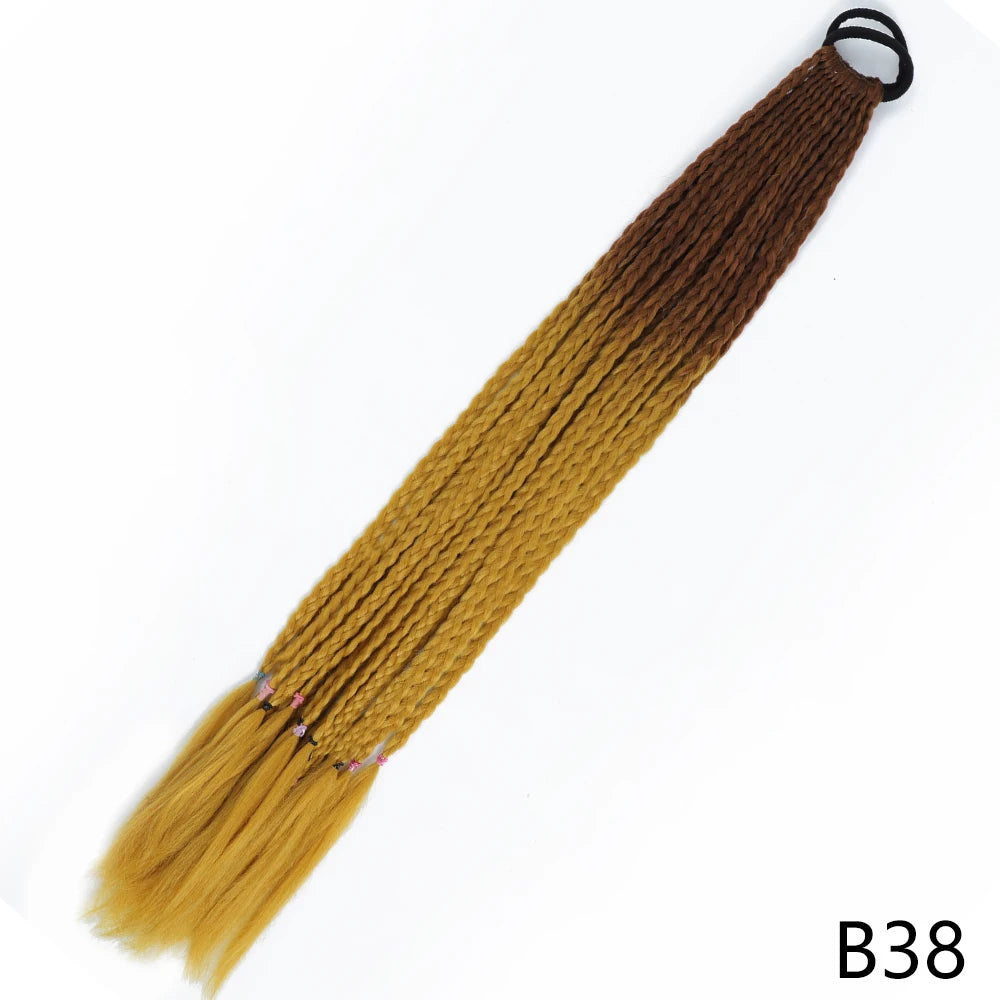 A long, pre-braided hair extension featuring a gradient color from light gold to dark brown, attached with an elastic band.