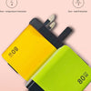 A yellow and lime green 80W USB-C fast charger with a retractable cable is shown on a pink surface.