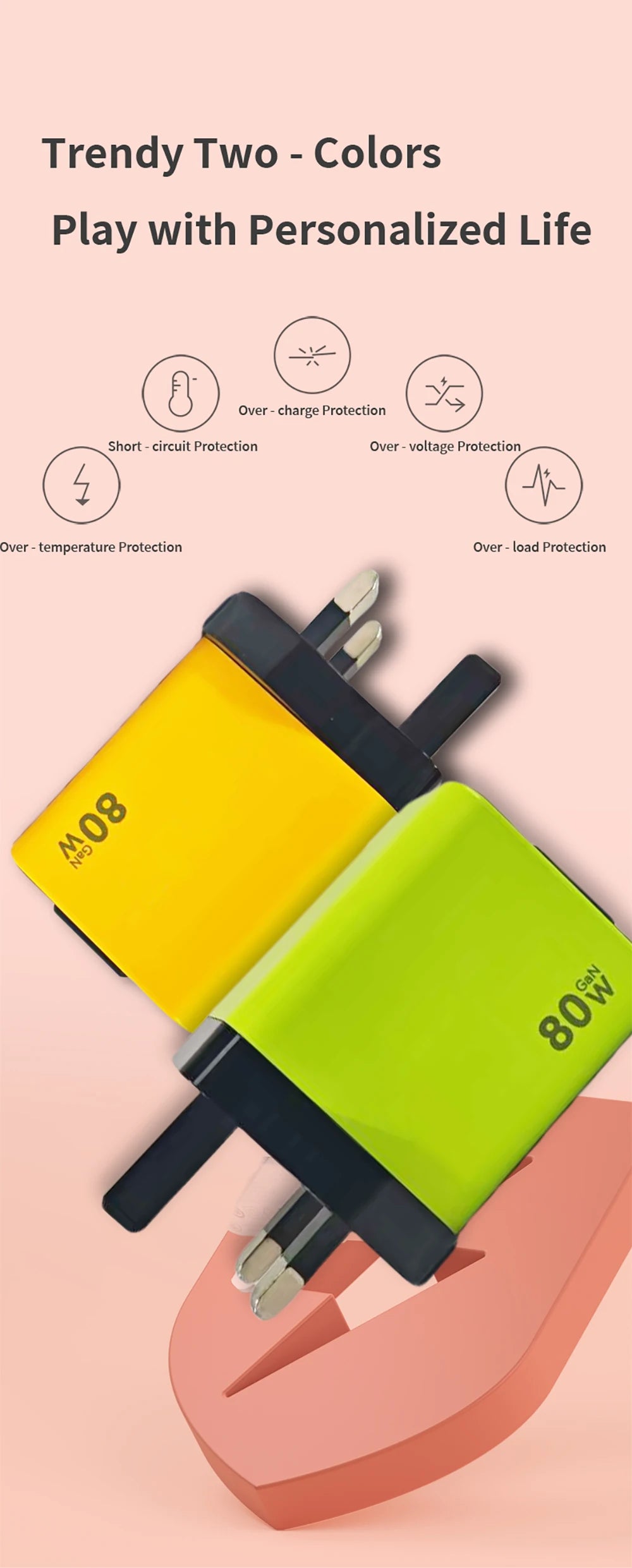 A yellow and lime green 80W USB-C fast charger with a retractable cable is shown on a pink surface.