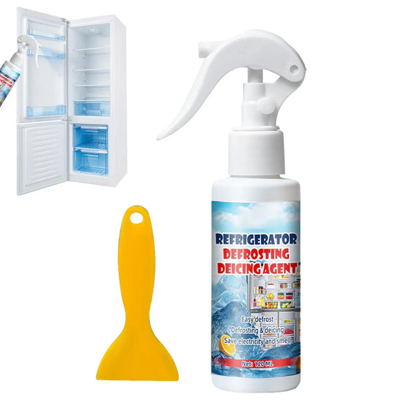 A white spray bottle for refrigerator defrosting with a yellow plastic scraper and an open compartment view.