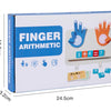 A box of finger arithmetic learning toys showing hands with numbers 3, 4, and 7