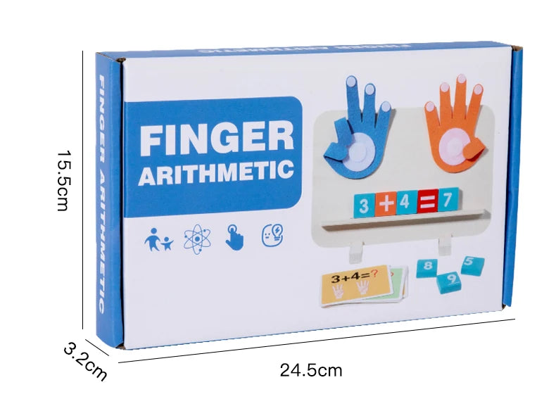 A box of finger arithmetic learning toys showing hands with numbers 3, 4, and 7