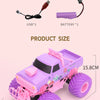 A pink RC pickup truck with large purple tires is shown alongside its remote control, battery, and instructions.