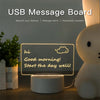 A glowing USB message board desk lamp shaped like a white rabbit displaying a morning greeting on a wooden surface.