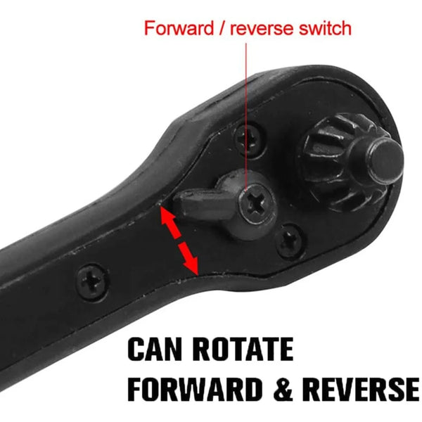 Close-up view of a black tool featuring a forward/reverse switch and a can rotate function.