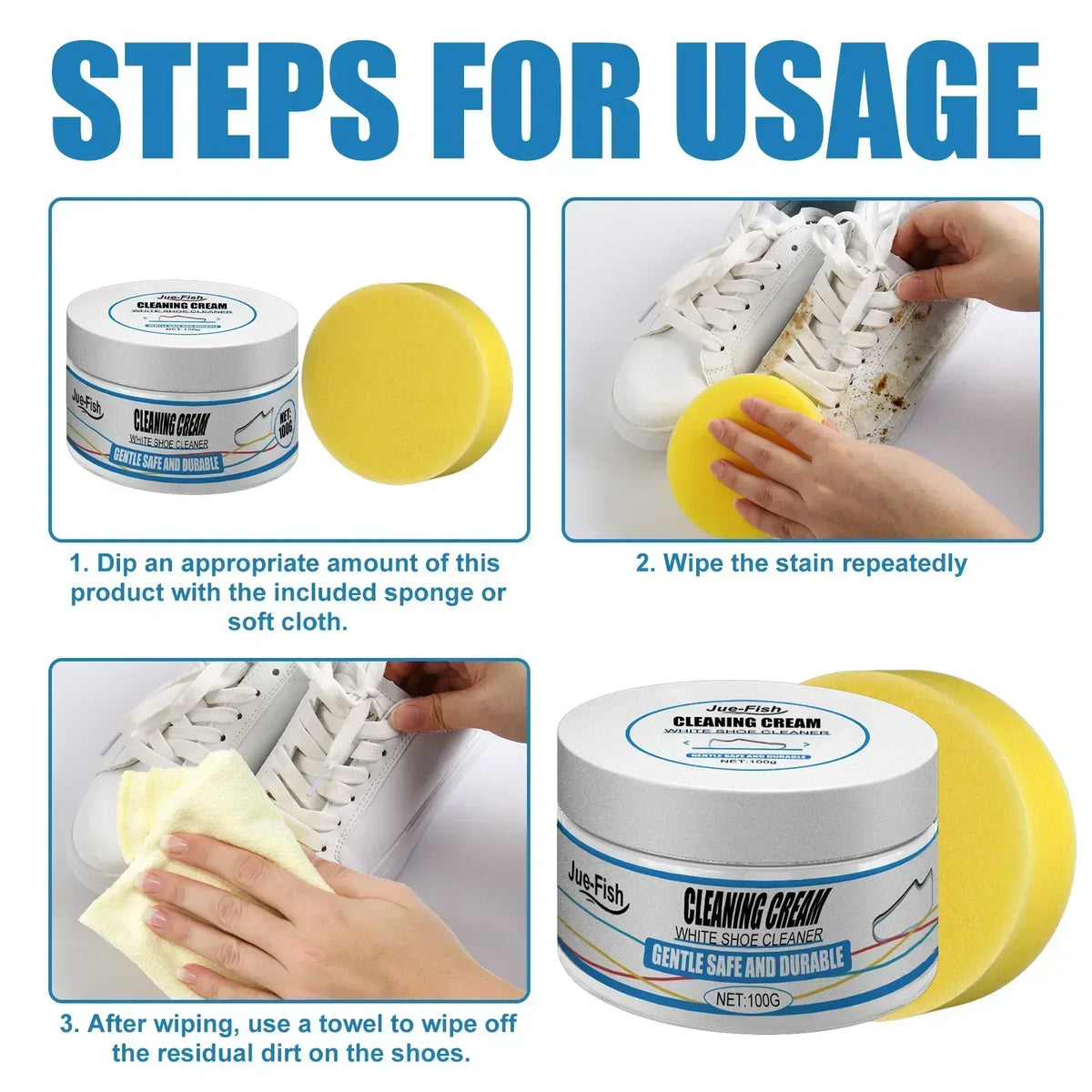 Instructions showing steps for using cleaning cream and sponge to remove stains from white shoes.