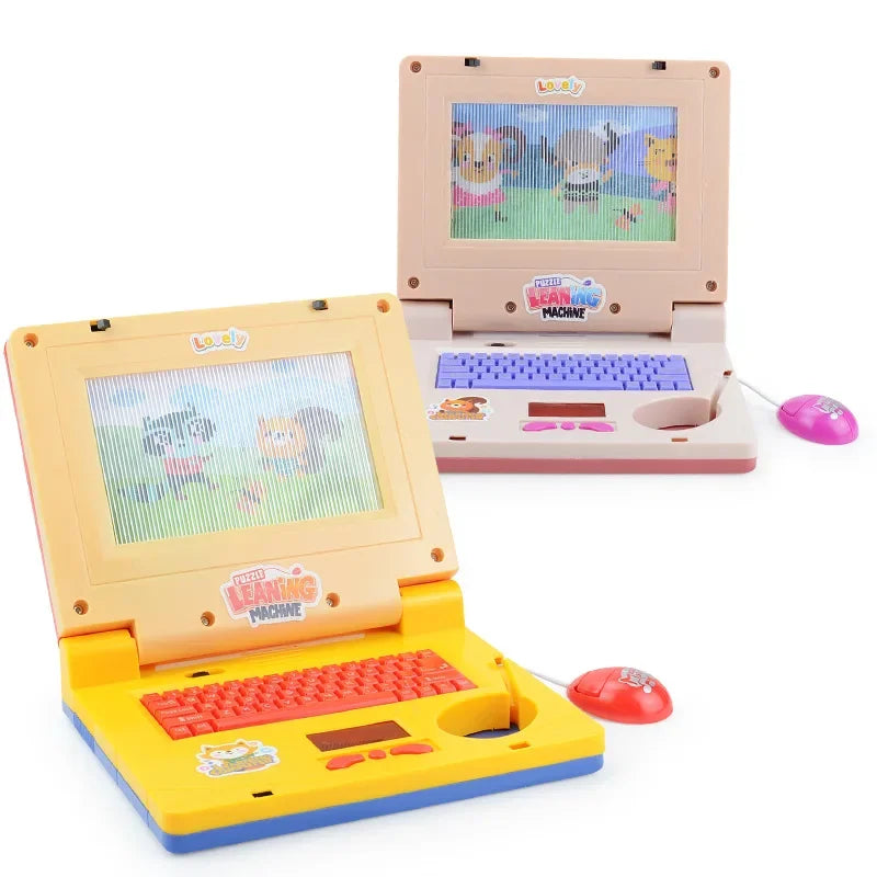 A pink and yellow kids interactive learning laptop toy with a keyboard and mouse is shown.