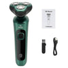 A green electric shaver with a floating head and charging cable is shown next to a 9D shaver display.