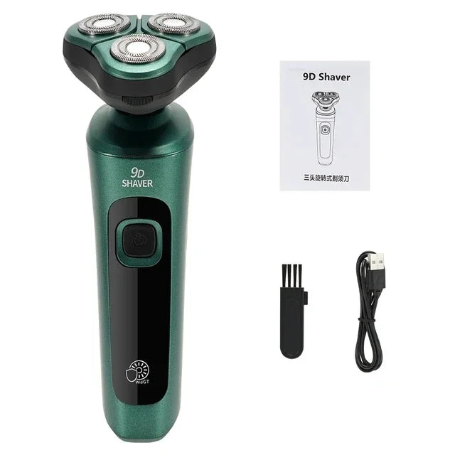 A green electric shaver with a floating head and charging cable is shown next to a 9D shaver display.