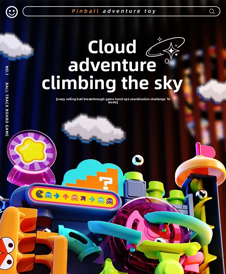 A colorful multi-layer track adventure rolling ball toy with various components and clouds in the background.