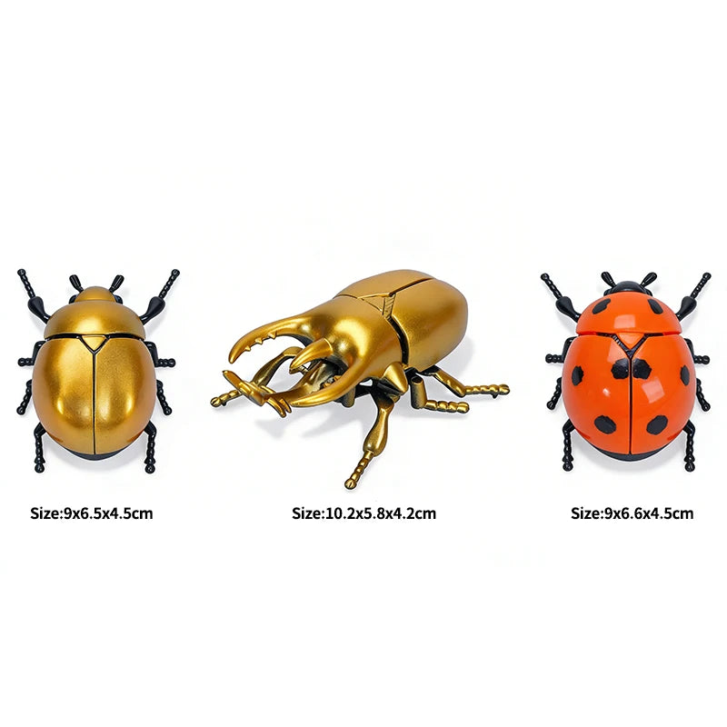 Three wind-up insect toys: a gold beetle, a bronze bee, and an orange ladybug.