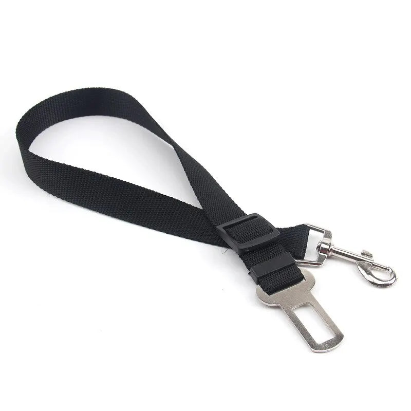 Arnés de seguridad ajustable negro para mascotas en auto, con correa y clip metálico.