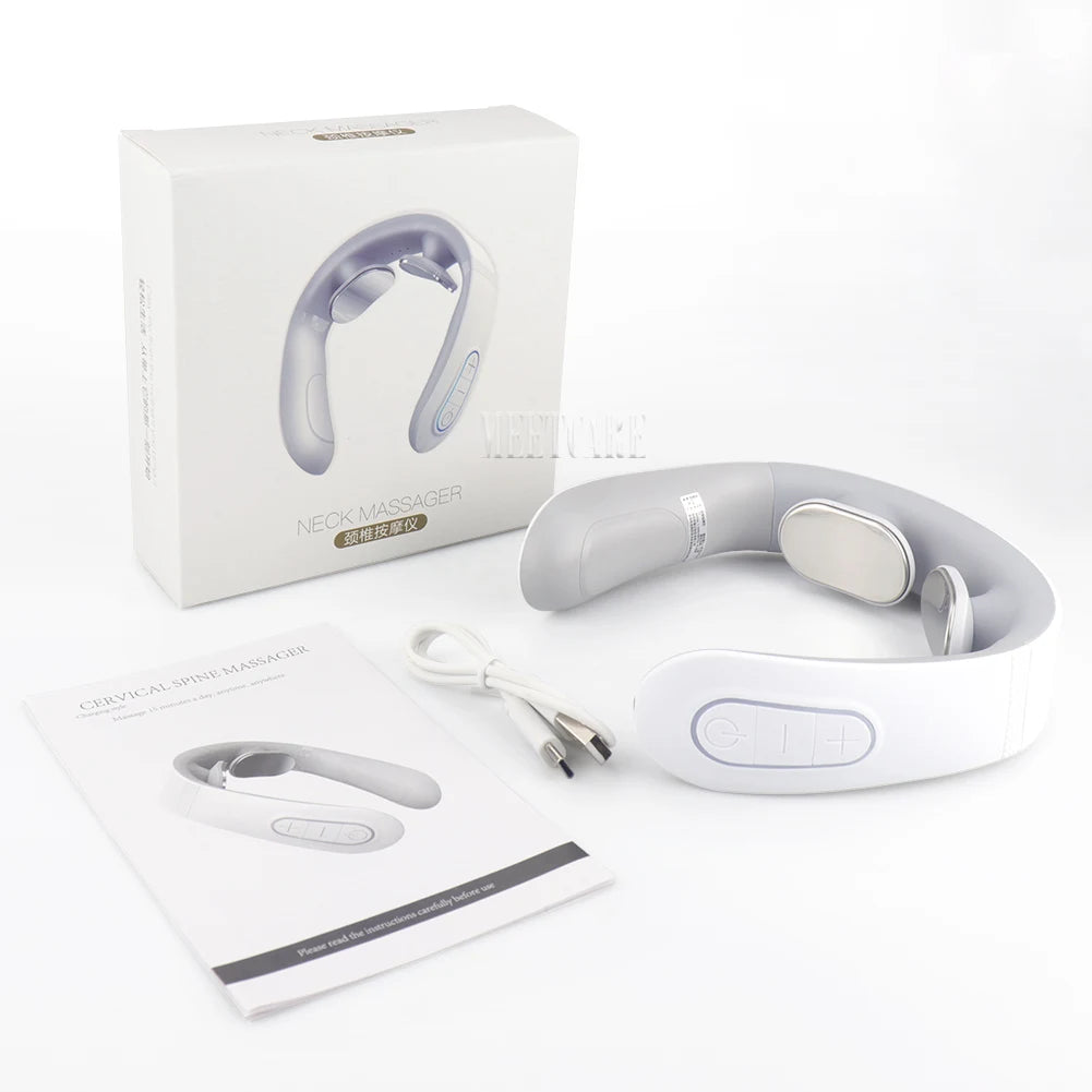 A white neck massager device and its packaging box are shown on a white background.