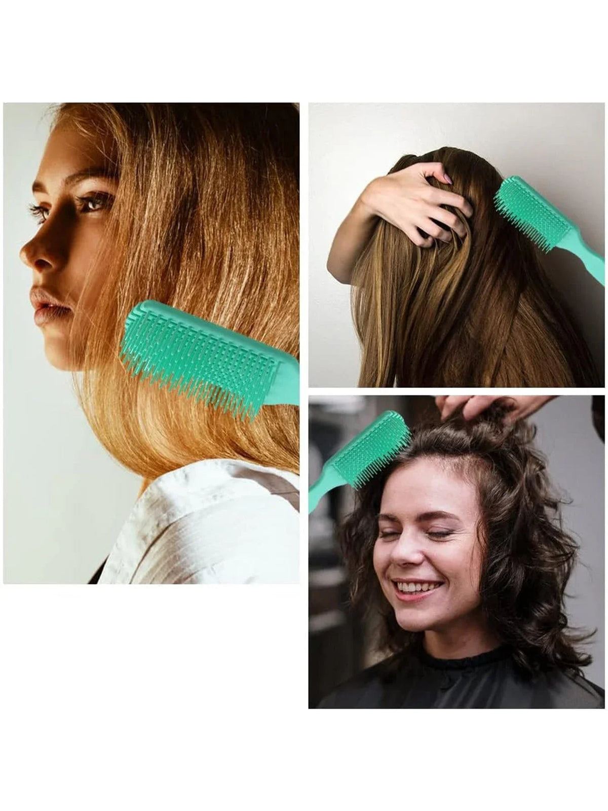 Mujer usa un peine desenredante verde azulado para masajear y desenredar su largo cabello castaño.