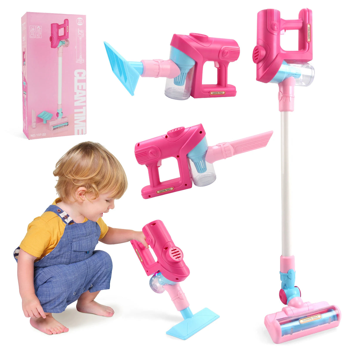 A pink kids interactive toy vacuum cleaner with a light blue body and accessories shown in various configurations.