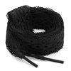 Black flat elastic shoelaces made of silk-like polyester coiled on a white background.