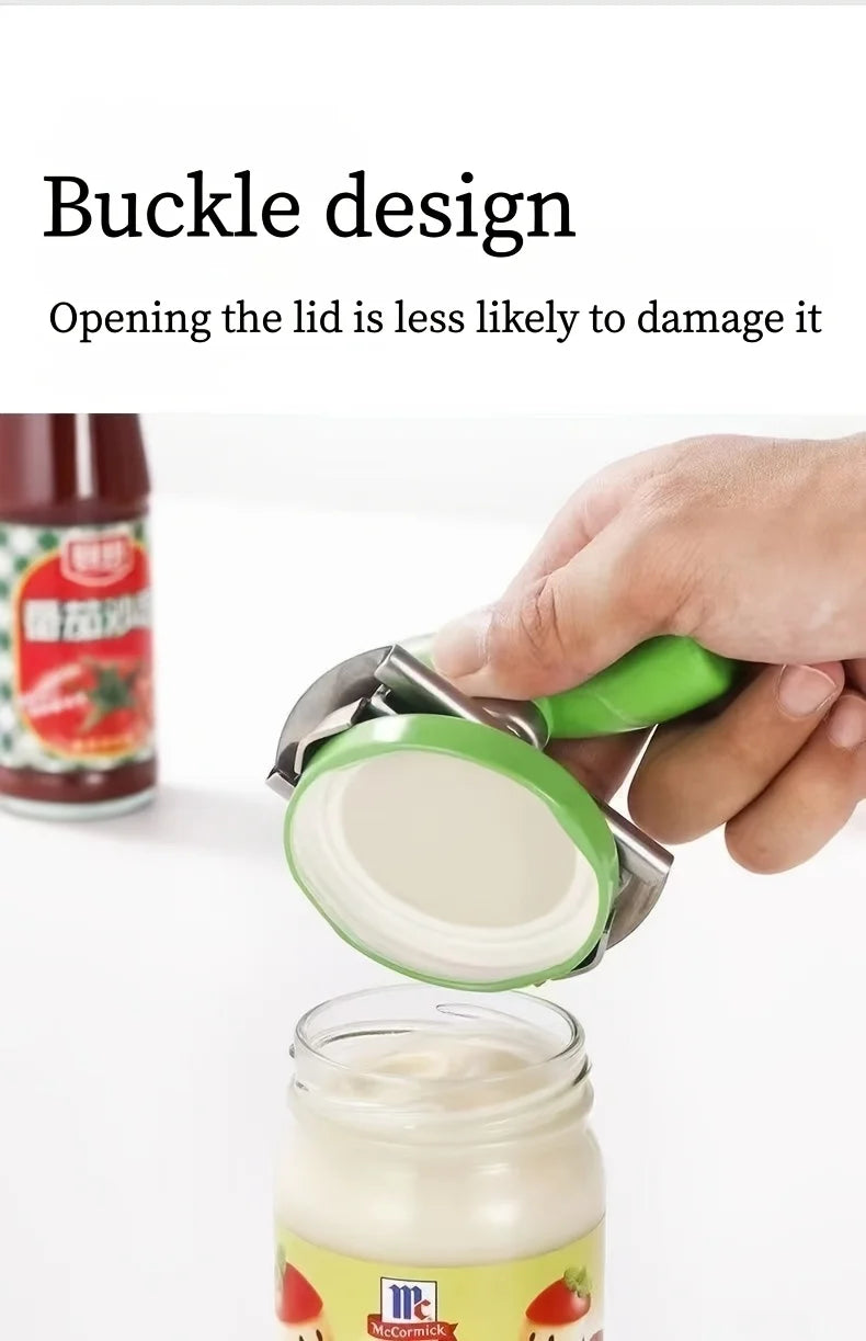 A hand is using a stainless steel bottle opener to open the lid of a jar, demonstrating a buckle design feature.
