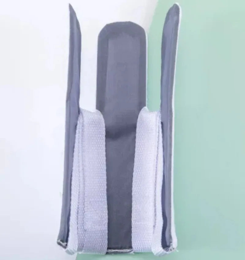 A pair of gray sock aids with white fabric strips for effortless sock application.