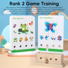 A wooden logic puzzle game showing two different ways to solve a maze or path problem for children.
