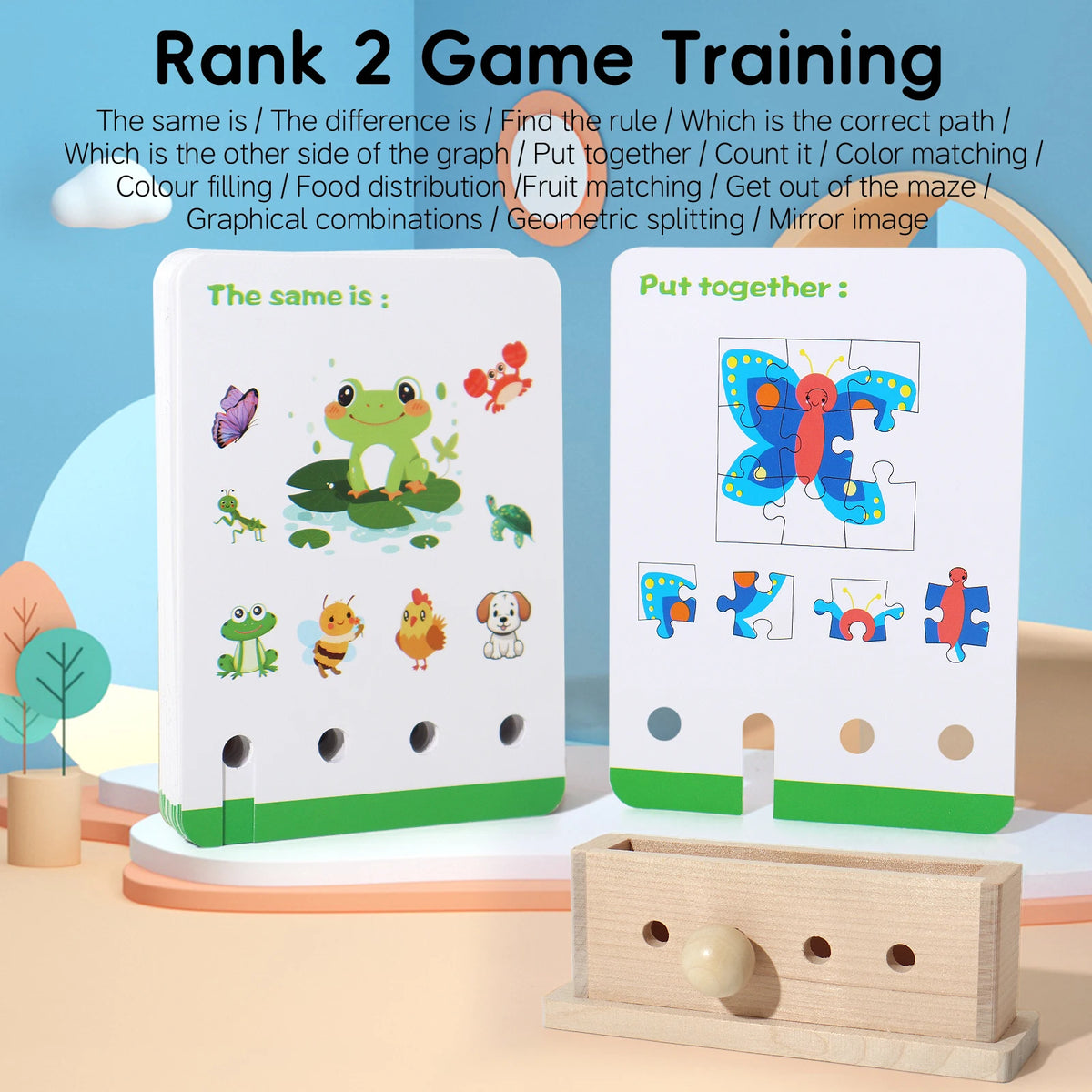 A wooden logic puzzle game showing two different ways to solve a maze or path problem for children.
