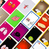 A collection of colorful, square cards featuring cartoon animals and game elements for a party card game.