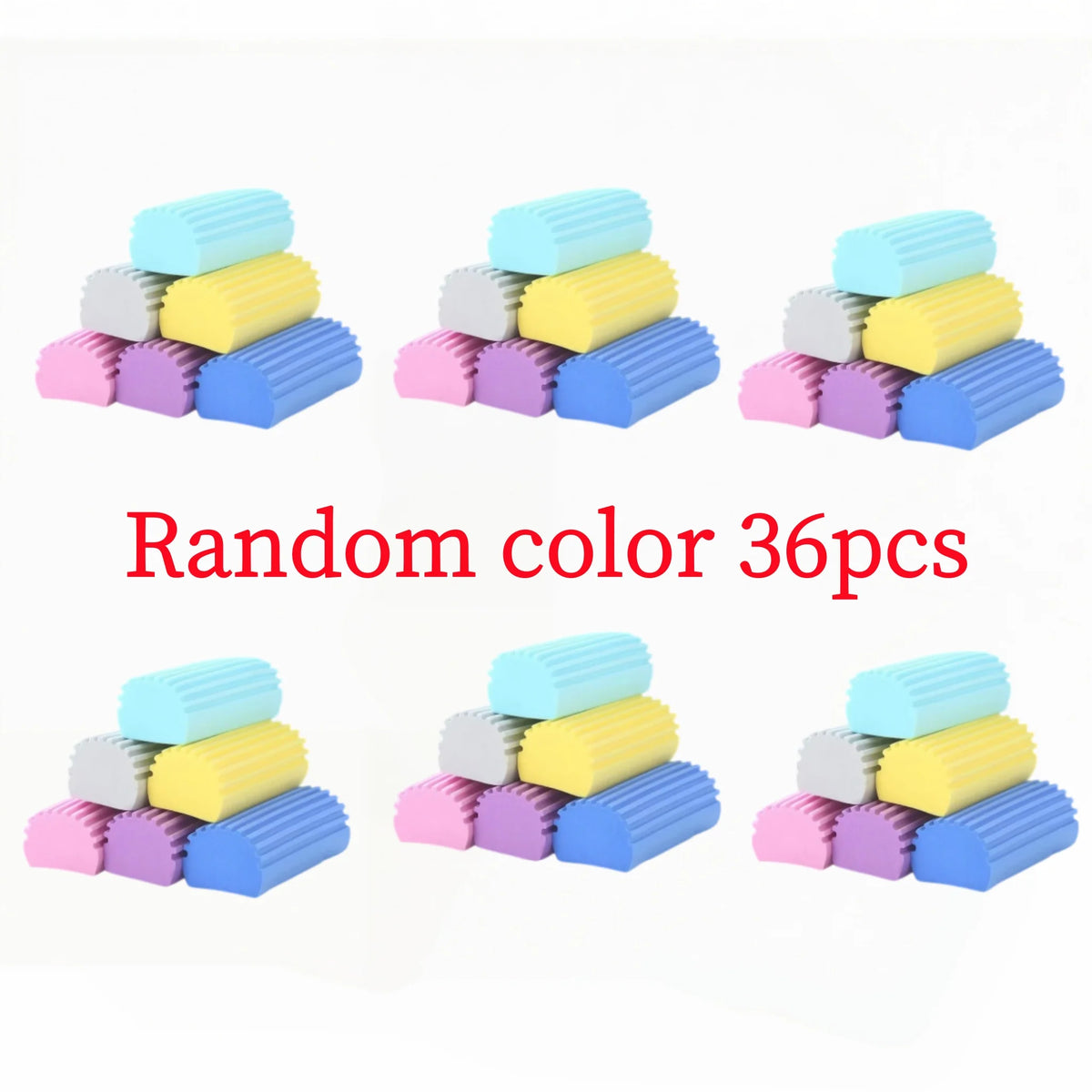Un conjunto de 36 esponjas de limpieza PVA de colores aleatorios apiladas en filas.