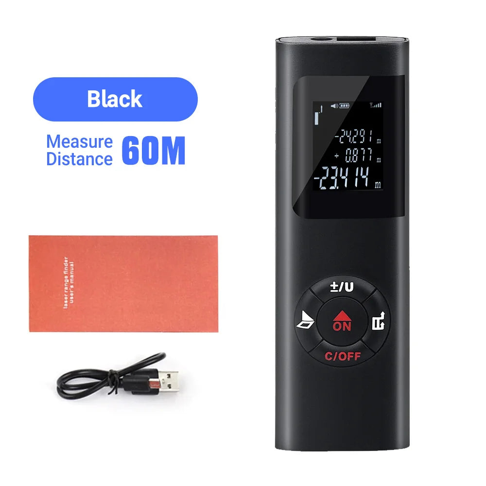 A black laser distance measurer device with a digital display and power switch is shown next to a red card and a cable.