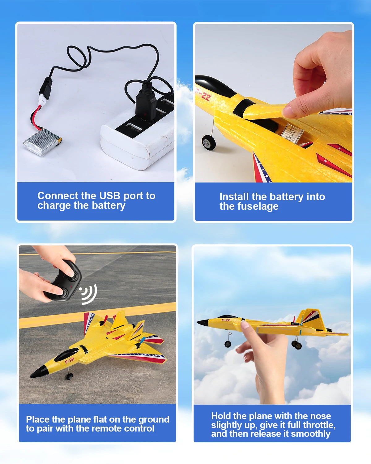 Instructions show how to connect a USB cable, install a battery, and fly the SU-27 foam airplane with a remote control.